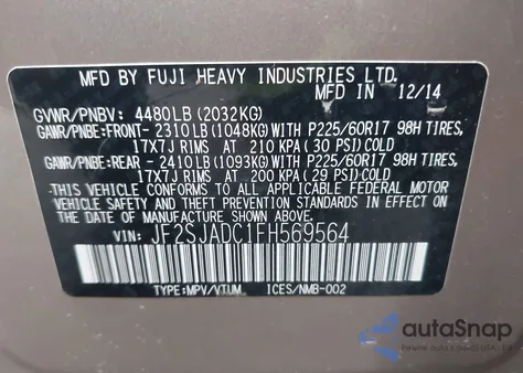 2015 Subaru Forester 2.5I Premium from USA, damaged, VIN JF2SJADC1FH569564